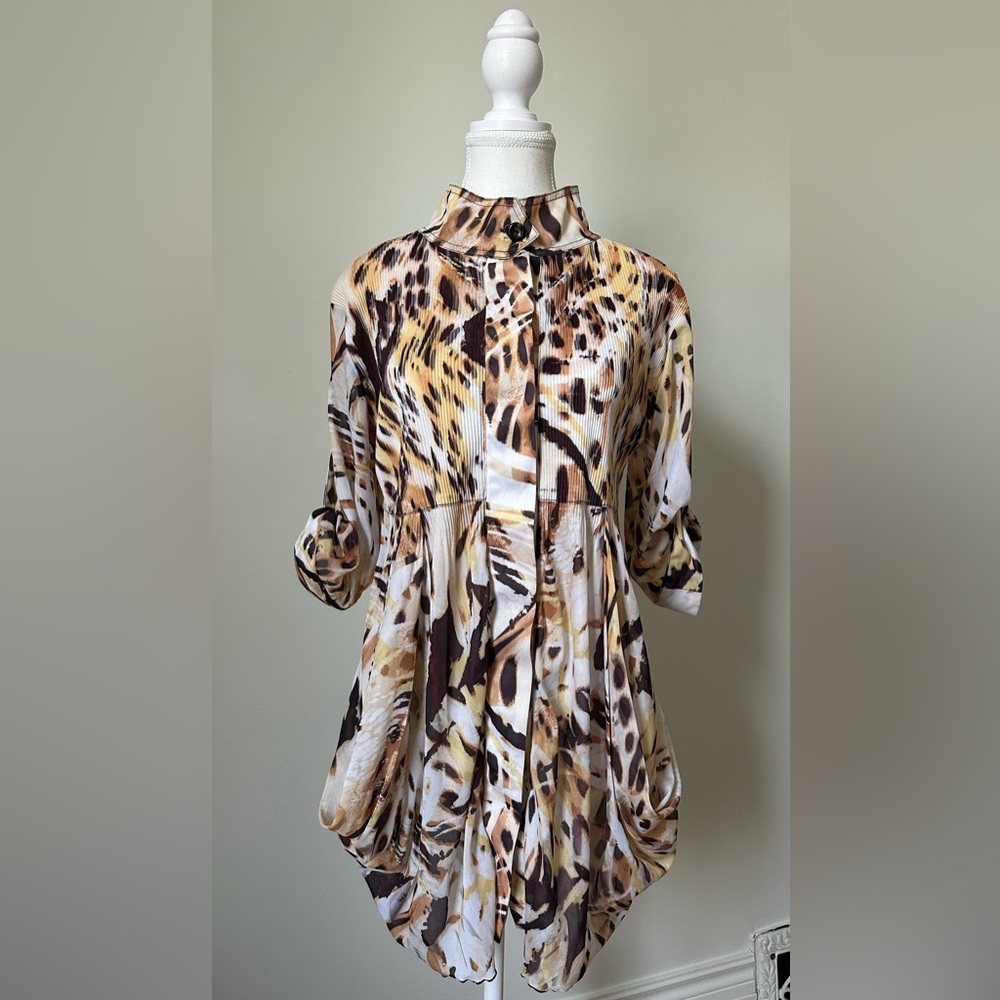 LINDI Y2K Animal Print Lagenlook Artsy Mesh Collared‎ Tunic Blouse Size XS